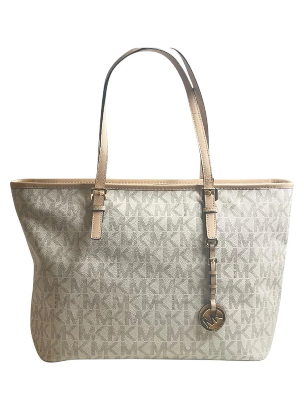 Michael Kors  Jet Set Med Logo Top Zip Tote Handbag  Vanilla Natural Leather 